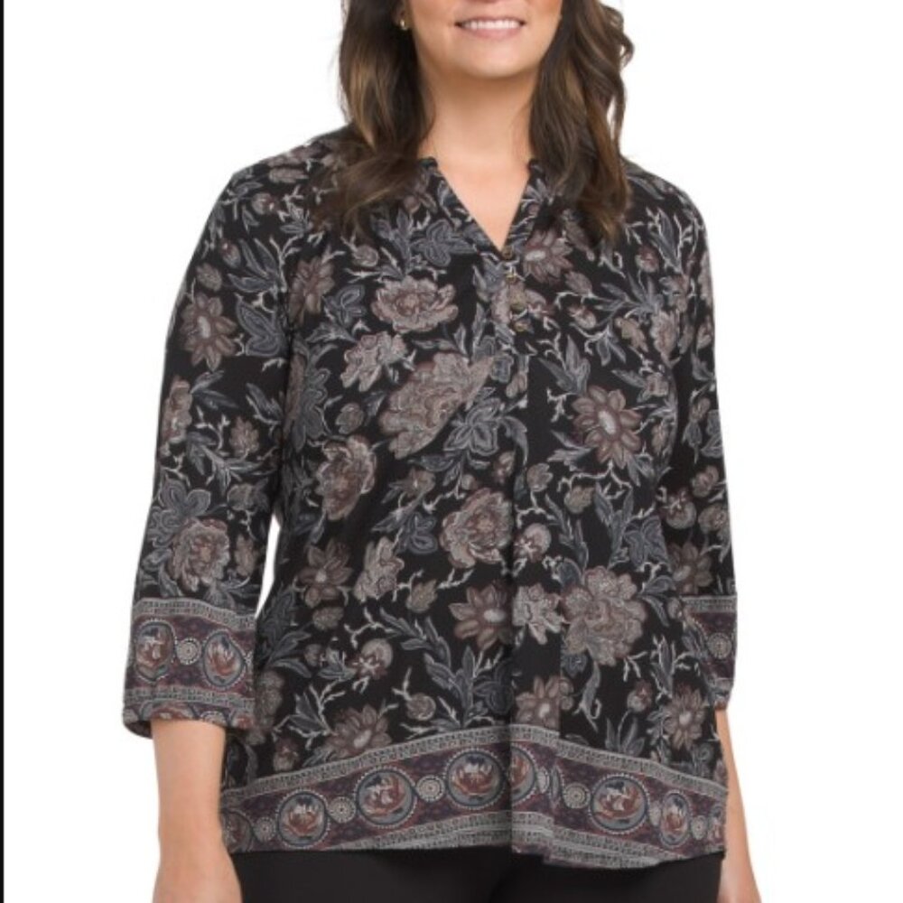 NWT Lucky Brand Plus Size Boho Floral Border Top 1X MSRP $69.50 Black Multi